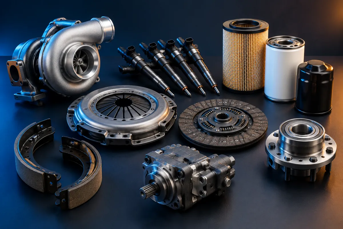 Turbocharger, injectors, clutch kit, brake shoes and filters