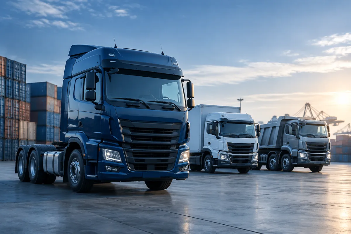Truck tractor, box truck and dump truck at a logistics hub