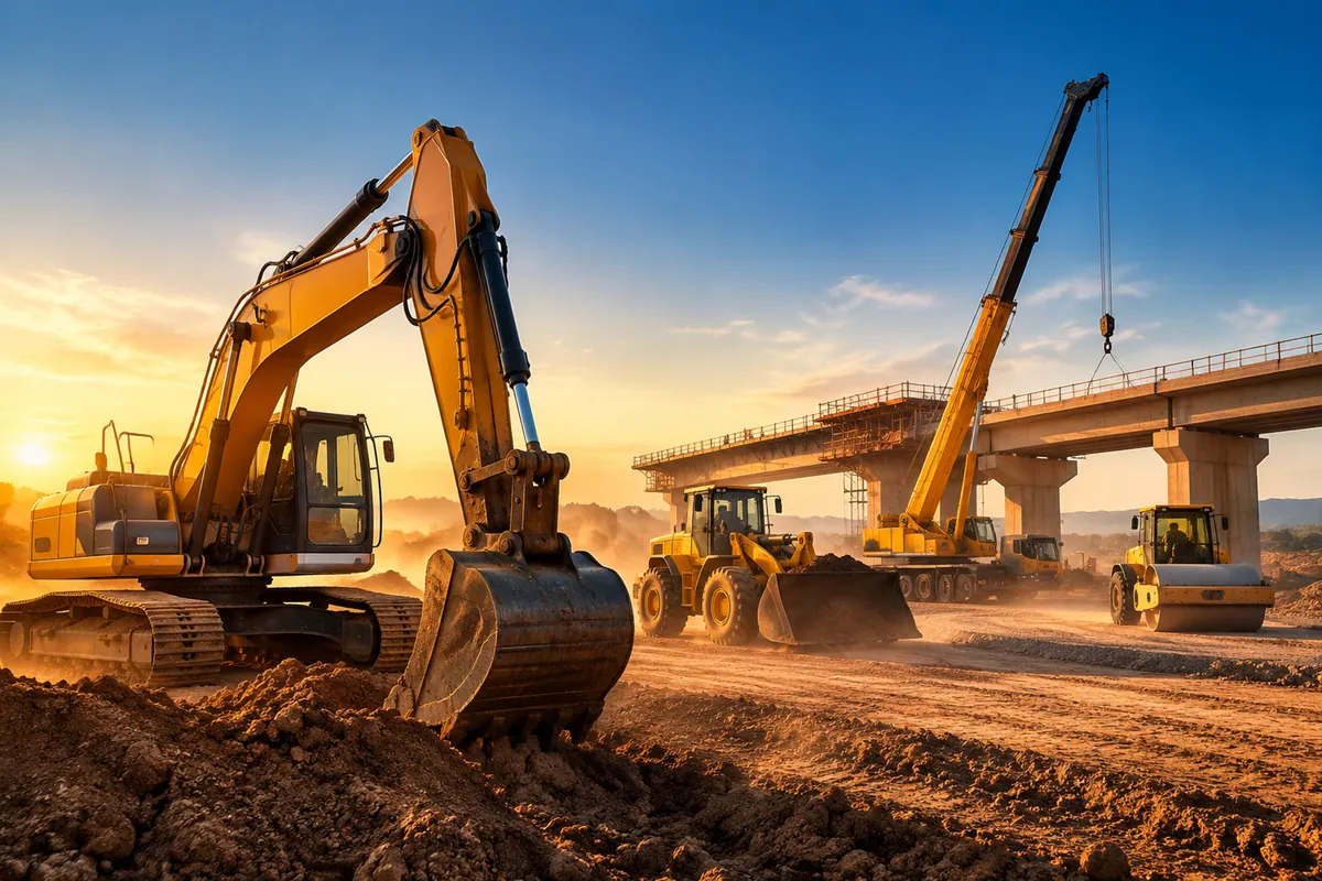 Excavator, wheel loader and mobile crane on an infrastructure site