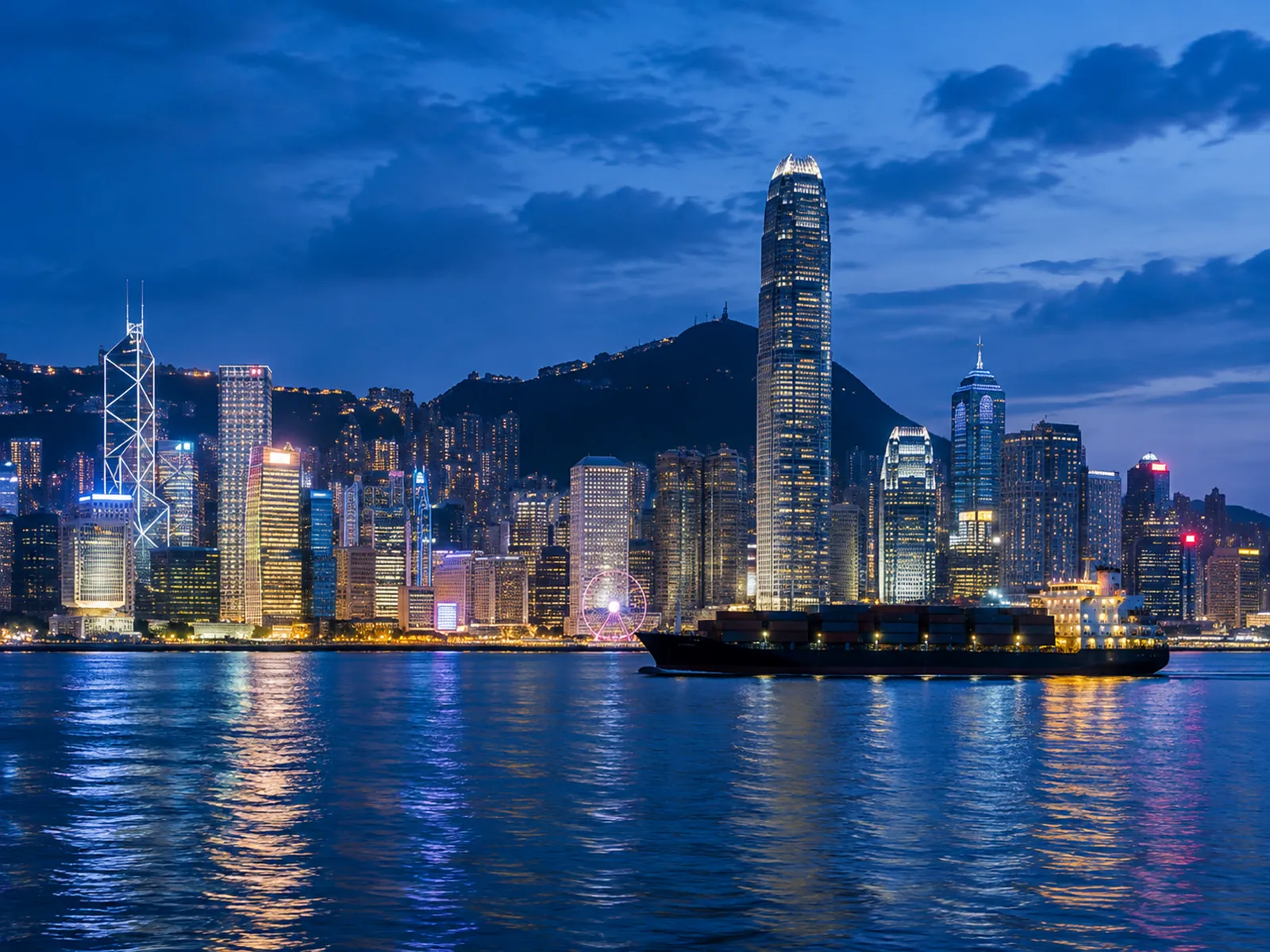 Victoria Harbour skyline in Hong Kong at dusk