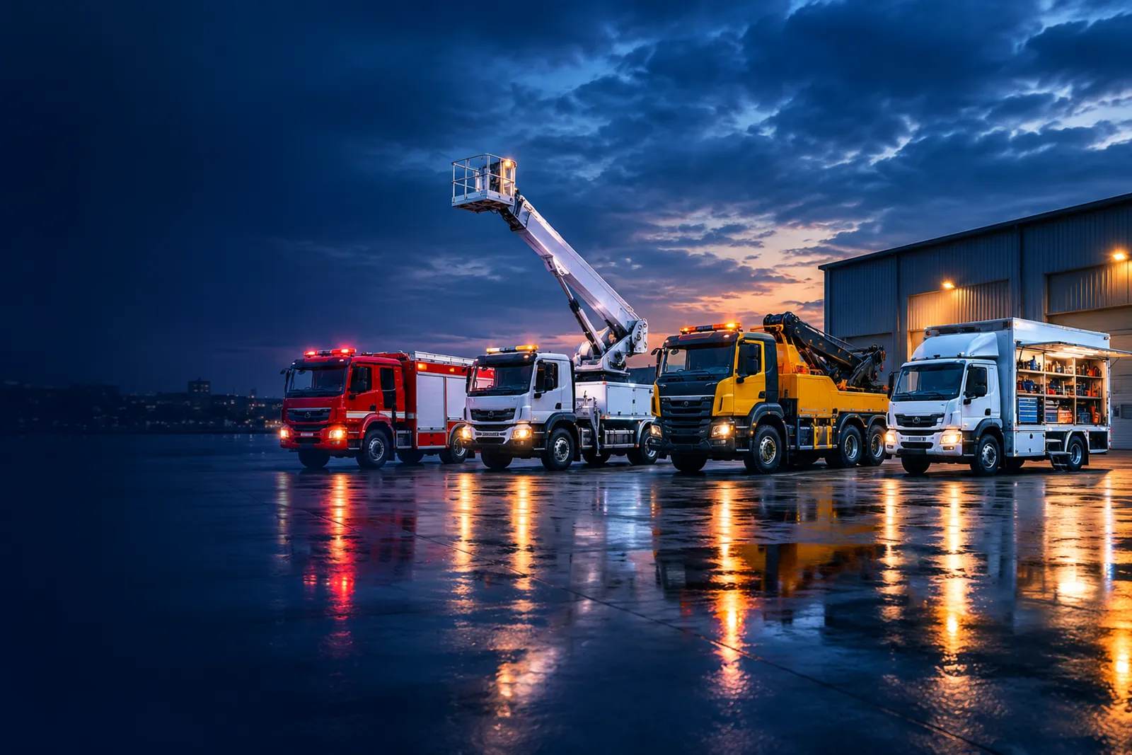 Fire truck, aerial work platform, recovery truck and mobile workshop truck